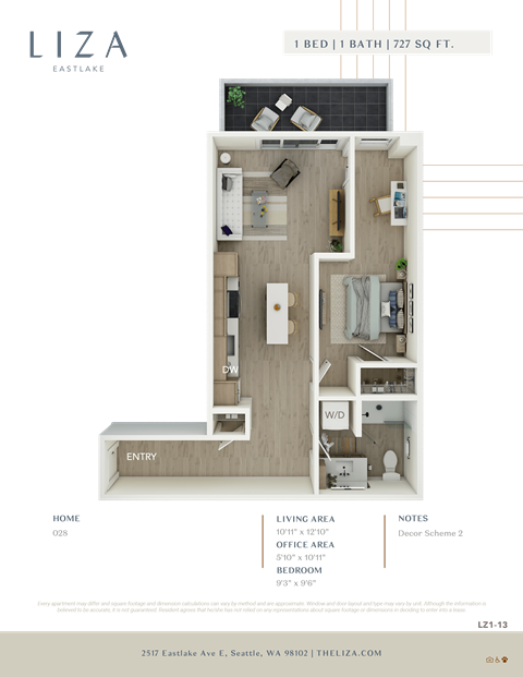 Liza Apartment 3D floor plan - 1x1 727 sqft